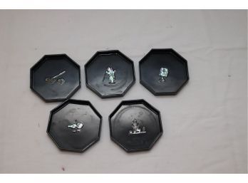 Vintage Set Of 5 Black Coasters With Mother Of Pearl Detail Made In Korea