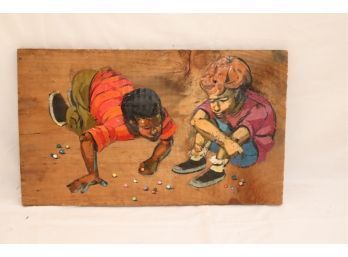 Vintage Painting Boys Playing Marbles On Wood Board (P-22)
