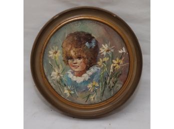 Round Framed Painting Girl In Daisies (P-45)