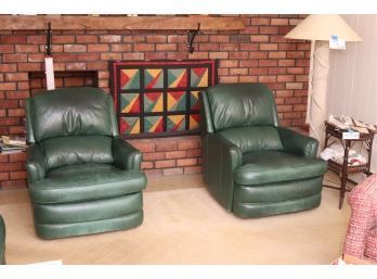 Pair Of Hancock & Moore Green Leather Recliner Chairs (T-6)