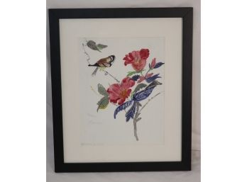 Framed Floral Watercolor With Bird. Signed & Dated (T-67)