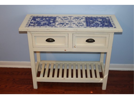2 Drawer Table With Delft-esque Blue White Tile Top