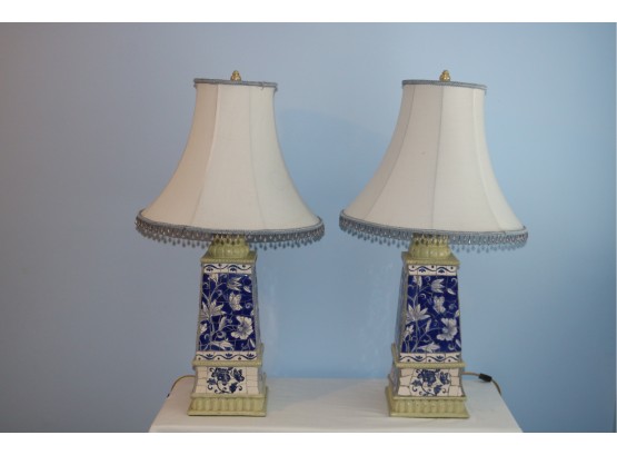 Pair Of Blue/ White Tile Table Lamps With Shades