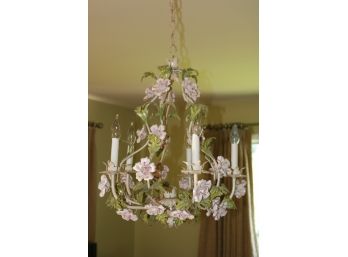 Vintage Shabby Chic Wrought Iron Chandelier W/ Porcelain Flowers