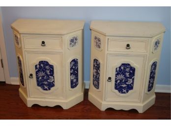 Pair Of White Shabby Chic Blue Tile Night Stands