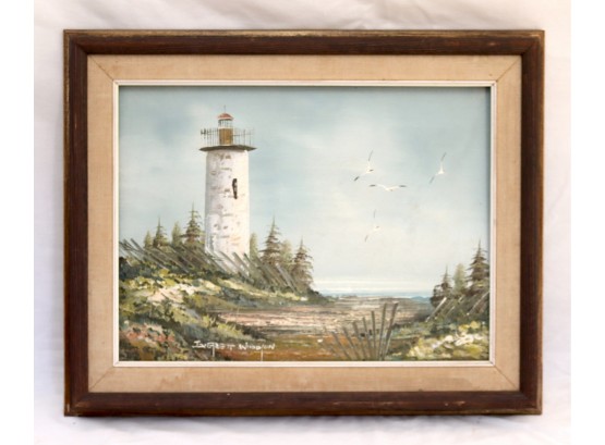 Framed Lighthouse Seascape Painting Signed Everett Woodson. (P-17)