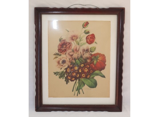 Antique Wood  Framed Pj Redoute Floral Bouquet  (P-19)