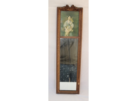 Antique Wall Mirror With Victorian Woman With Flowers Picture. (P-15)