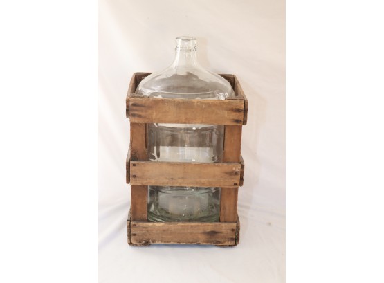 Vintage CRISA 5 Gallon Glass Water Bottle Jug In Wooden Crate With Wheeled Dolly (P-80)