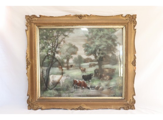Antique Framed Cows Grazing Painting Behind Glass Signed A. Durand 1902 (P-11)