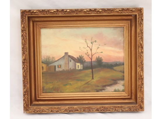 Vintage Gold Framed Barn Landscape Painting Signed (P-39)