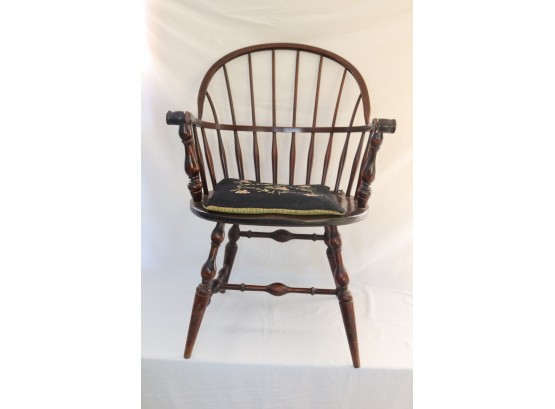 Vintage  Windsor Spindle Back Wooden Arm Chair With Needlepoint Cushion  (P-9)