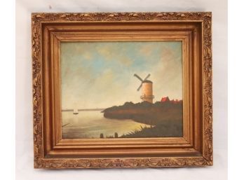 Vintage Gold Framed Windmill Seascape Landscape Painting Signed (P-40)
