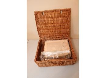 Vintage Wicker Picnic Basket With Old Magazines And Some Knitting Needles (D-111)