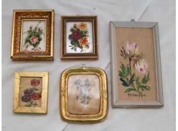 Set Of 5 Small Vintage Framed Flower Paintings (d-80)