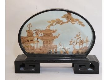Vintage Chinese Asian Carved Cork Art Scene Sculpture Glass Diorama (P-74)