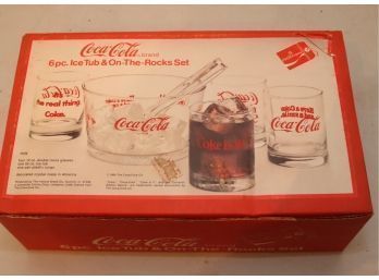 Vintage 1984 Coca-Cola 6 Pc Ice Tub & On The Rocks Set - Coca Cola Tumblers (H-13)