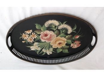 Vintage Painted Floral Oval Serving Tray (D-91)