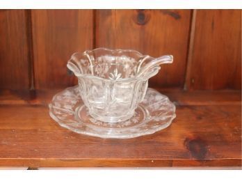 Fostoria, Chintz Etched, Elegant Glass, Crystal Mayonnaise Bowl With Under Plate And Glass Spoon. (d-17)
