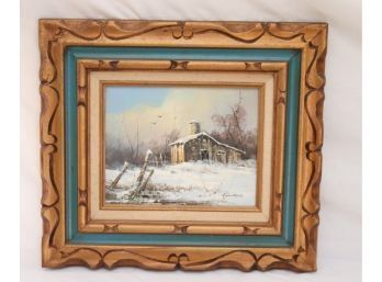 Framed Winter Barn Landscape Painting Signed (P-38)