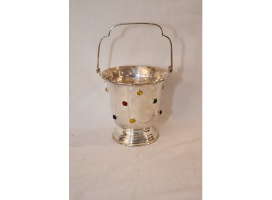 Vintage 1970s Chrome Finish With Faux Jewels Ice Bucket With Tongs (G-25)