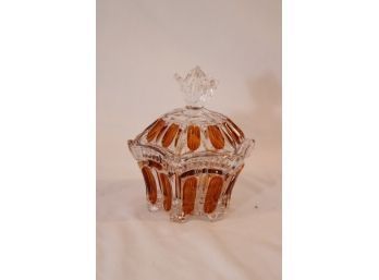 Amber Cut To Clear Glass Covered Trinket Jar (S-21)