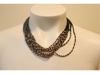 Vintage Black/ Gold Beaded Necklace With 14K Gold Clasp & Gold Beads (N-1)