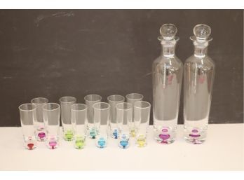 Set Of 11 Multi-color Bubble Ball Bottom Shot Liquor Glasses W/ 2 Carafe (A-78)
