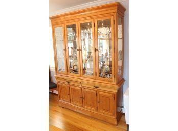 Gorgeous Lighted China Hutch With Glass Doors & Shelves Plus Mirrored Back