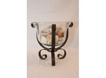 Glass Bowl On Wrought Iron Stand With Shells (S-97)