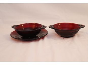 Vintage Red Glass Bowls And Plate (S-22)