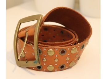 Vintage Linea Pelle Brow Leather Belt With Brass Studs And Buckle Size M (M-26)