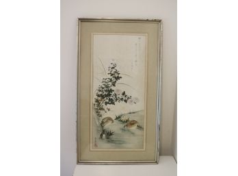 Vintage Framed Japanese Artwork Quail Flowers Signed   Red Stamp