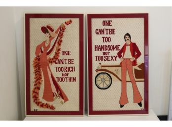 Framed Needlepoint Crochet Wall Art Never One Can't Be Too Handsome / Sexy Rich/ Thin