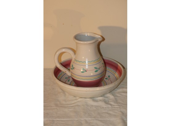 Vintage Stoneware Hand Washing Pitcher And Bowl