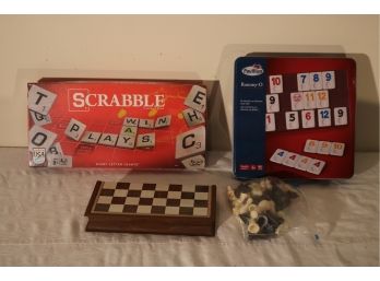 3 Board Games  Scrabble, Rummy Q Travel Chess
