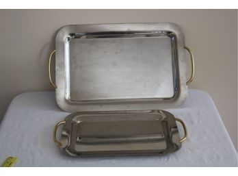 Pair Of Stainless Steel And Brass Serving Trays