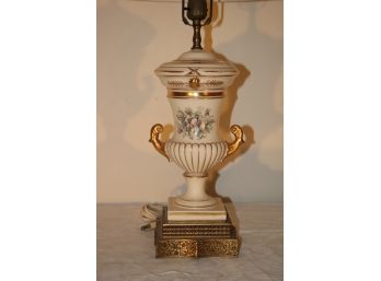 Vintage Ceramic Urn Floral/ Gold Trim Brass Base Table Lamp