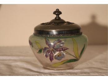 Vintage Glass Hand Painted Covered Vanity Jar