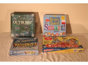 4 Board Games: Outburst, Brain Quest Smart!, Scrabble Junior, Operation