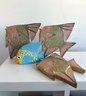 Set Of 3 Wooden Wall-mount Fish & Blue Hand-carved Wooden Fish Sculpture