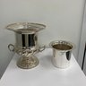 A Pair Of Silver Champagne Buckets And Vintage Dom Perignon Empty Champagne Bottle