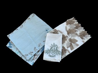 Blue Table Runner, Ivory Table Runner, & 3 Embroidered Linen Napkins (5-piece Set)