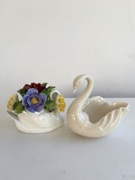 Vintage Lenox Porcelain Swan Trinket Dish & Aynsley Bone China Swan Figurine With Florals (2-piece Set)