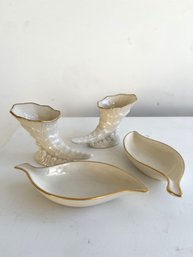 Vintage Twin Lenox Cornucopia Vases & Leaf Trinket Dishes (4-piece Set)