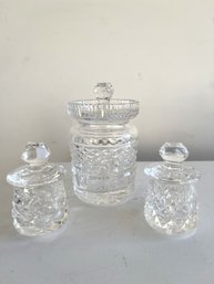 Pair Of Cut Glass Condiment Jars & Preserve Jar (3-piece Set)