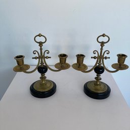 Pair Of Vintage Brass  2 Arm Candelabras With Black Stone Base And Accents