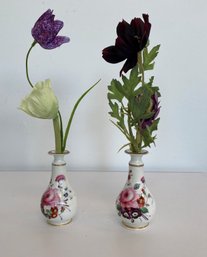 Pair Of Vintage Hand Painted Bud Vases With Faux Flowers