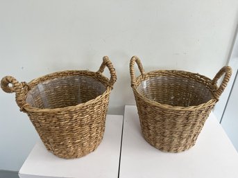 A Pair Of Seagrass Baskets With Handles (With Plastic Planter Inserts)