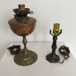 Electrified Copper Lantern & Dark Metal Table Lamp
